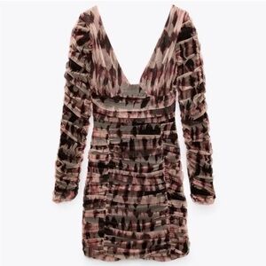 Zara Long Sleeve Draped Tulle Mesh Dress